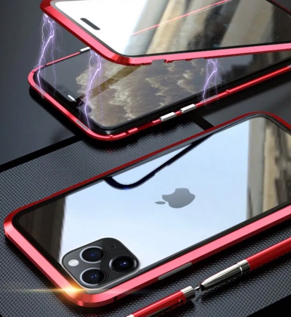 Red Magnetic Closure Phone Case Clear Back for iPhone Triple Camera